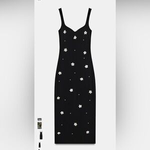 Zara Black Midi Dress with White Floral Details. Floral stretch midi. Nwt